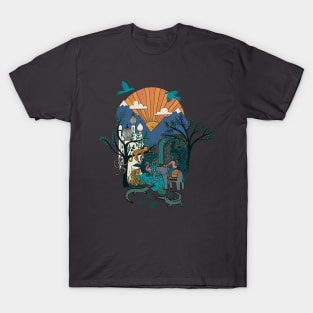 Adventure Block Print - jungle adventure scene with sunset, elephant, leopard and crocodiles T-Shirt